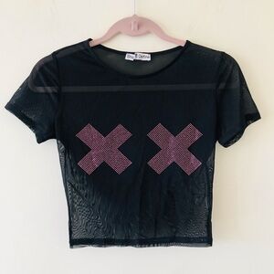 Sho Delfina Rhinestone Cross Mesh Baby Tee